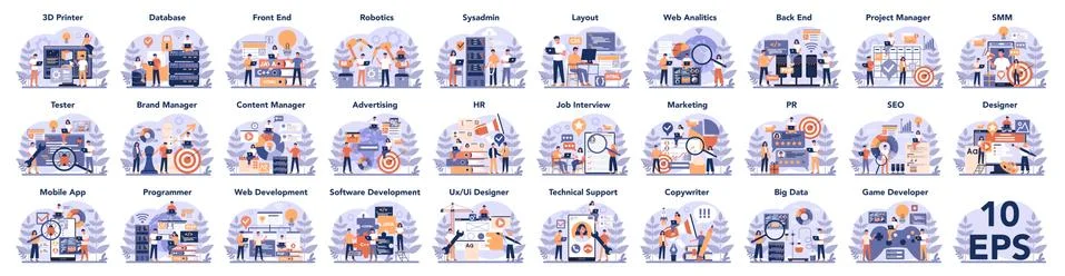 Big IT profession set. Programmer write software and create code Stock Illustration