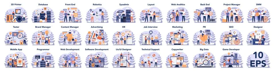 Big IT profession set. Programmer write software and create code Stock Illustration