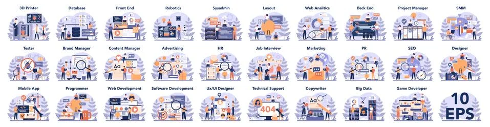 Big IT profession set. Programmer write software and create code Stock Illustration