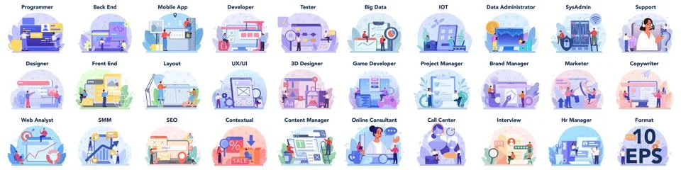 Big IT profession set. Programmer write software and create code for computer Stock-Illustration