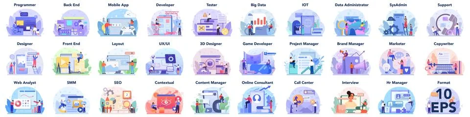 Big IT profession set. Programmer write software and create code for computer Stock Illustration