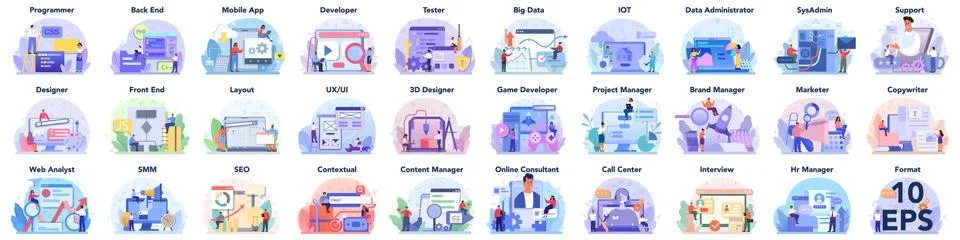 Big IT profession set. Programmer write software and create code for computer Stock Illustration