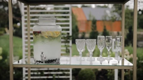 Big jar with sweet lemonade. Cold drink with lemon, mint and blueberries Stock Footage 235470663