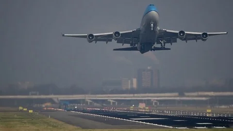 Big jumbojet take off from runway. Stock Footage 72755368