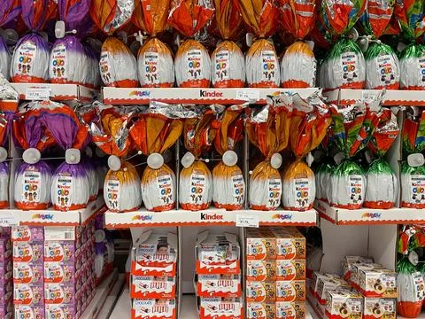 Big kinder eggs for Easter, in a grocery store in Sao Paulo, Brazil. Stock Photos