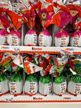 Big kinder eggs for Easter, in a grocery store in Sao Paulo, Brazil. Stock Photos