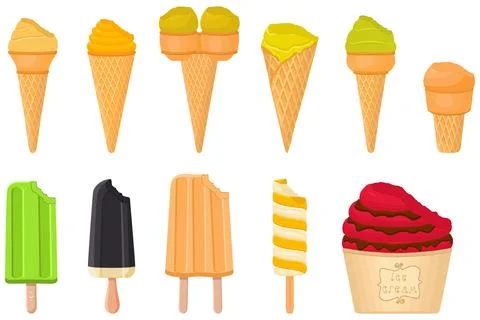 Big kit ice cream popsicle different types in cone waffle cup Stock Illustration