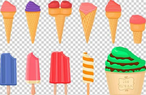 Big kit ice cream popsicle different types in cone waffle cup Stock Illustration