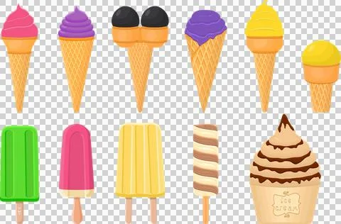 Big kit ice cream popsicle different types in cone waffle cup Stock Illustration