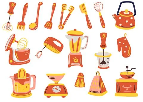 Big Kitchen utensil set. Tools and accessories for cooking, baking, frying. W Stock Illustration