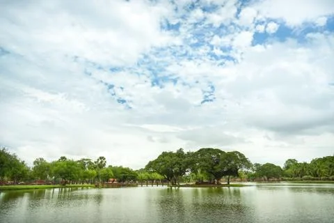 Big lake in front of Wat Mahathat, Sukhothai. Stock Photos
