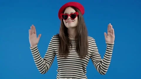 Big large and small tiny concept. Woman showing difference between invisible Video stock 222997934