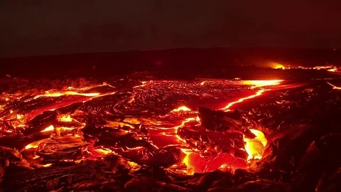 Big lava flow timelapse 1 Night Glowing Hot flow from Kilauea Active Volcano Puu Video stock 81589868