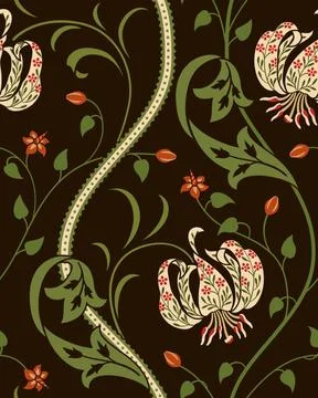 Big lily flower seamless pattern on dark background. Vector illustration. Stock Illustration