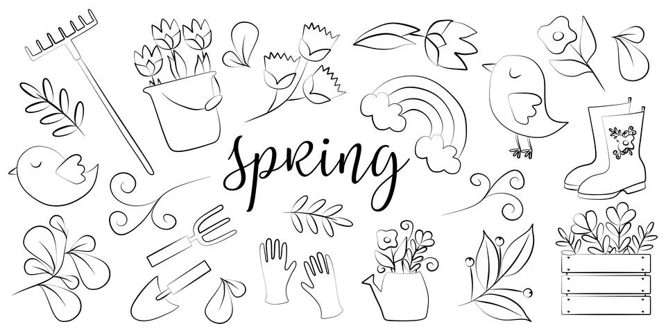 Big Linear Spring Set. Black and white collection of Design Elements for Gard Stock Illustration