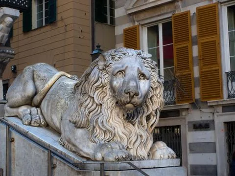 Big Lion old marble Statue Genoa Cathedral Saint Lawrence Stock Photos