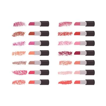 Big Lipstick set on white background and pink red and purple smears. Stock Illustration