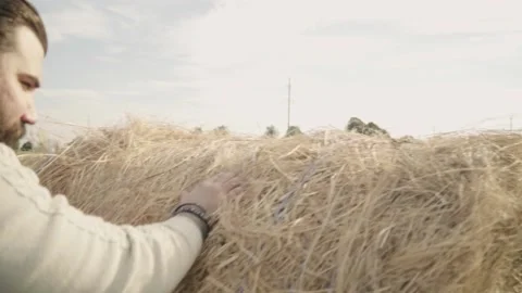 A big man push a roll of hay in the field. Slow motion Stock Footage 148553119