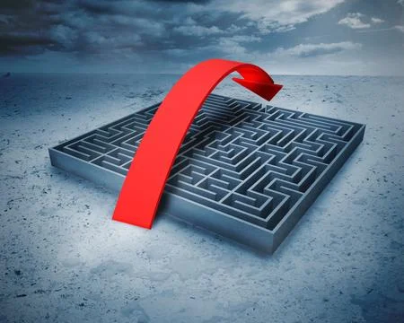Big maze with arrow under cloudy sky Stock Photos