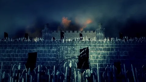 Big Medieval Army Marching and Conquering a Burning Castle Stock Footage 74015487