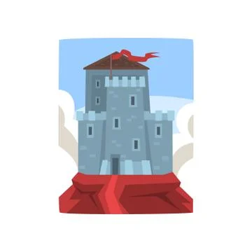 Big medieval castle on top of mountain on blue sky and white clouds background Stock Illustration