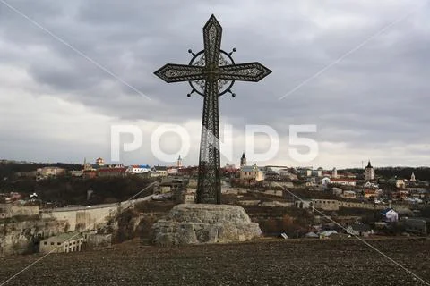 Big metal cross in Kamianets-Podilskyi city, western Ukraine Stock Photos
