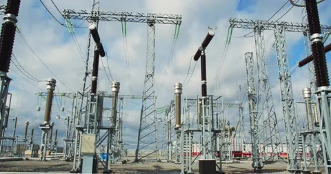 Big metal structures and high voltage transformers at the power plant, 4k Stock Footage 144824806