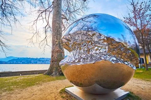 The big mirror-like sphere - Big Data sculpture, Parco Ciani, on March 13 i.. Stock Photos