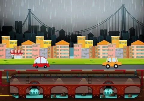 A Big Modern City Raining Stock Illustration