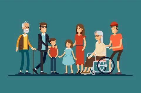 Big modern family vector flat design illustration. Relatives standing together Stock Illustration