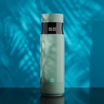 Big Modern Light Green Smart Thermos Bottle with Timer Indicator and On Sen.. Illustrazione stock