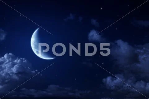 Big moon and stars in a cloudy night blue sky Stock Photos