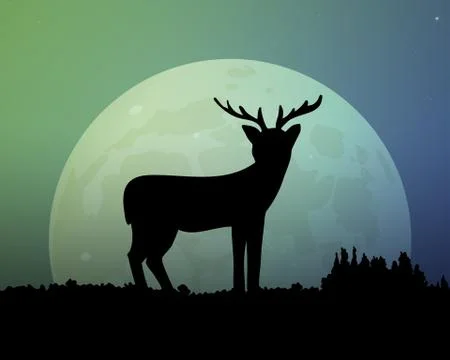 Big moon in the night sky. Deer silhouette. Stock Illustration