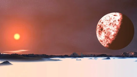Big Moon over Alien Planet Stock Footage 107453591