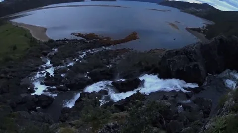 Big mountain waterfall, top view. White night, Finnmark, Norway. Summer 2016 Stock Footage 69176313
