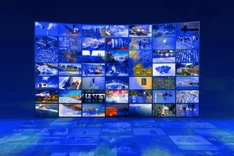 Big multimedia video wall widescreen Web streaming media TV Stock Photos