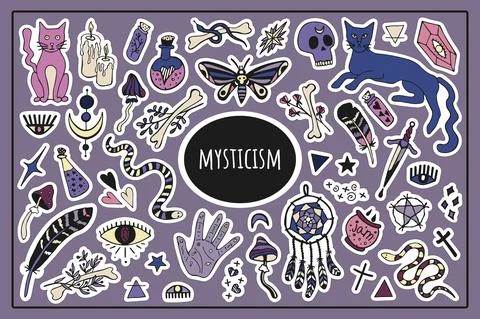 Big  mysticism set vector isolated stickers. Mystical items, witchcraft Illustrazione stock
