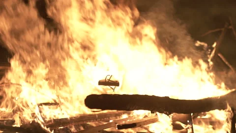 Big night fire, burning boards Stock Footage 93706790