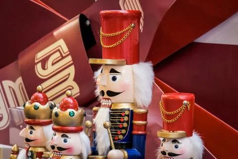 Big Nutcracker dolls decorating central shopping mall for Christmas Stock Photos