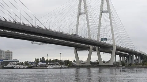 Big Obukhovsky cable-stayed bridge, Neva river Stock Footage 81516538