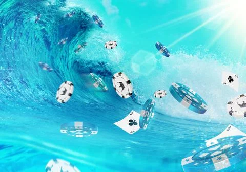 Big Ocean Wave and Flying Gambling Chips Ilustración de archivo