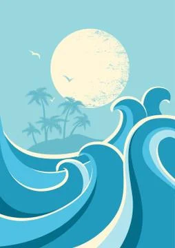 Big ocean waves and sun. Nature seascape poster background Stock Illustration