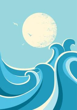 Big ocean waves and sun. Nature seascape poster background Stock Illustration