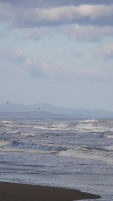 Big ocean waves near the sandy shore and mountains in blue haze Stock Footage 309408523