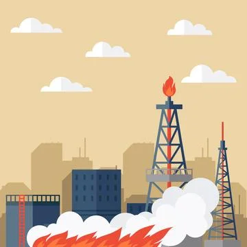Big oil refinery on fire with cloud of smoke oil production petrochemical plant Stock Illustration