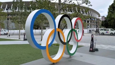 The big Olympic logo outside the building in Tokyo Japan Stock Footage 121400444