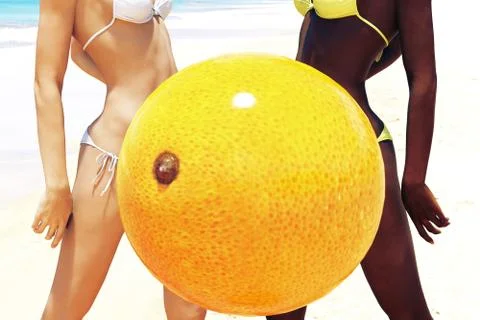 Big orange and bikini beauties on the tropical beach Stock Illustration