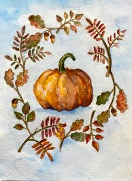 Big orange pumpkin among fallen leaves. Stock Illustration