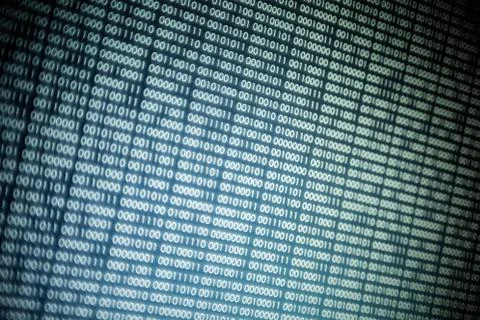 Big overload blockchain data. Blue binary data code background for internet a Stock Photos