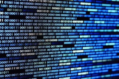 Big overload blockchain data. Blue binary data code background for internet a Stock Photos